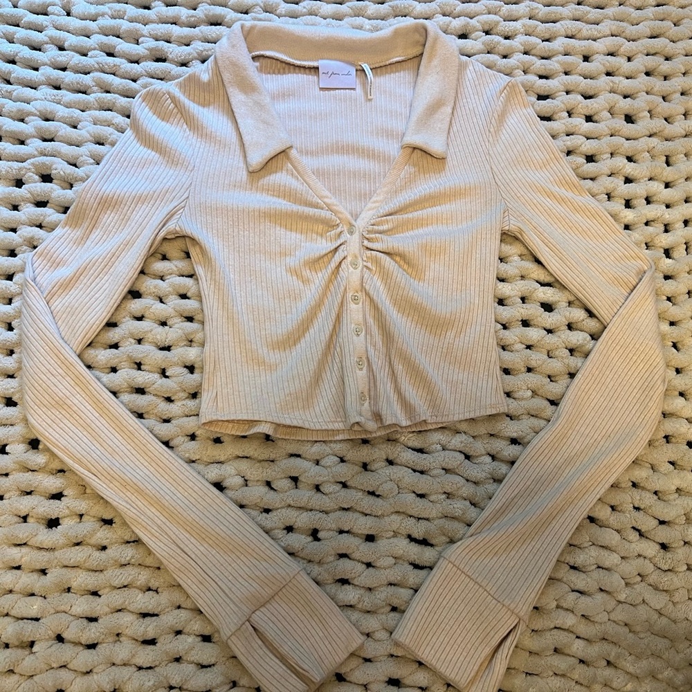 Urban Outfitters Cream Ruched Crop Button Down Shirt